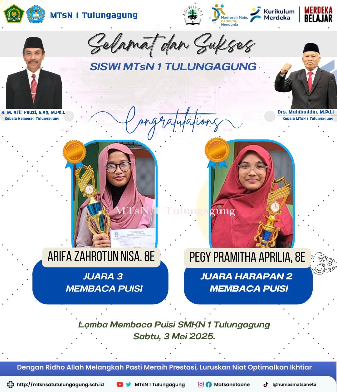 Dua Siswi MTsN 1 Tulungagung  Juara III dan Harapan II  Lomba Baca Puisi