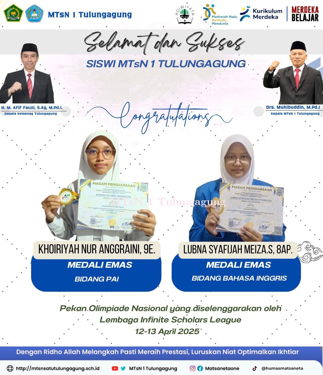 Dua Siswi Matsaneta Sabet Medali Emas Nasional Olimpiade PAI dan Bahasa Inggris